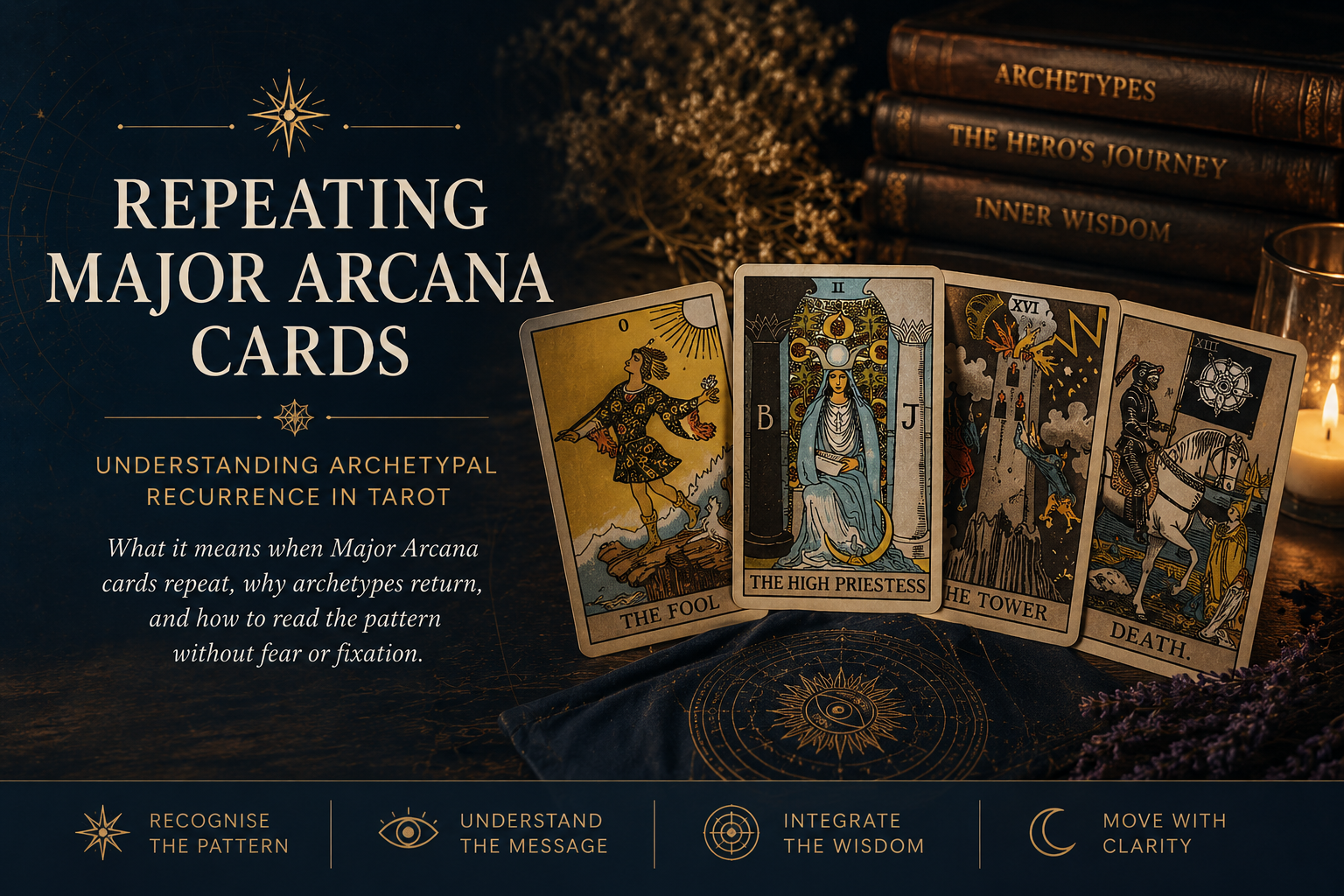Major Arcana tarot cards arranged to suggest recurring archetypal themes across readings