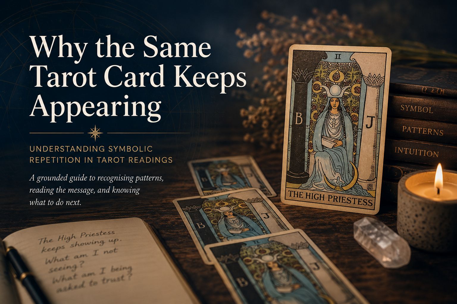 Tarot cards laid on a reading cloth, suggesting a card that returns across multiple spreads