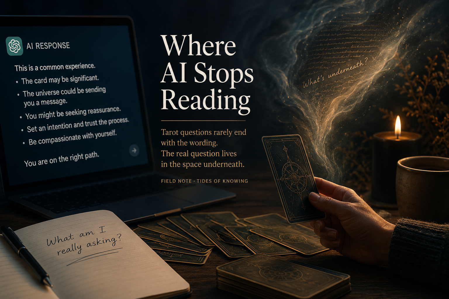 A typed tarot question on screen beside a spread, with the interpretive gap between the wording and the tension underneath left unnamed